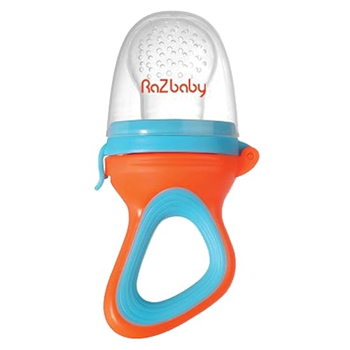 RaZbaby Baby Solids/Frozen Fruit Feeder Pacifier, Infant Teether Toy 6M+, BPA-Free Silicone Pouch & Nipple, Safely Introduce Solids, Teething Relief, Dishwasher Safe, 2-Pack – Orange/Blue + Green/Blue - Jamouz