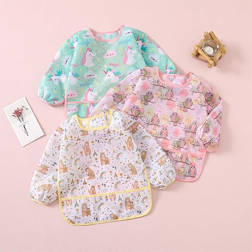 Long Sleeved Bibs, Pack of 5,Lightweight Waterproof Shirt Bibs for Baby Toddler 6-30 Months - Jamouz