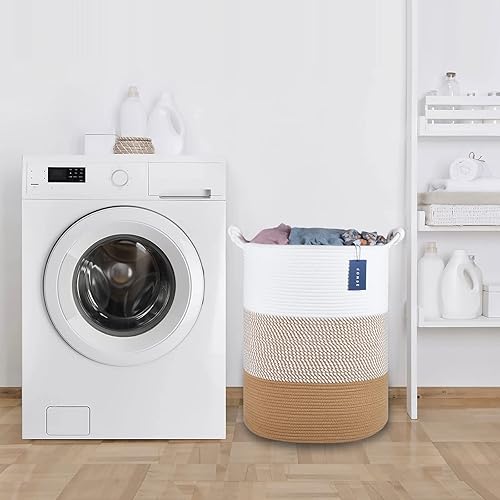 COMSE Extra Large Blanket Basket, High Storage Basket, Tall Rope Laundry Basket, 15.7”x 21.7”, Cotton Rope Basket, XXXL Laundry Basket, Toy Basket, Clothes Baskets,White/Cadet Blue/Navy Blue - Jamouz