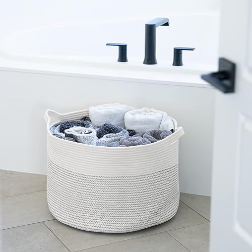 Little Hippo XXXL Large Cotton Rope Basket (22'x14') 100% Natural Cotton! Rope Basket, Woven Storage Basket, Large Basket, Blanket Basket Living Room, Toy Basket, Pillow Basket (White & Brown) - Jamouz