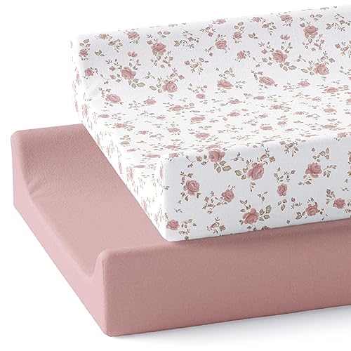 Baby Changing Pad Cover 2-Pack for Girls (Fleurette) - Premium Fitted Sheets Baby Diaper Changing Table Cover - Buttery Soft Cotton Blend - Jamouz