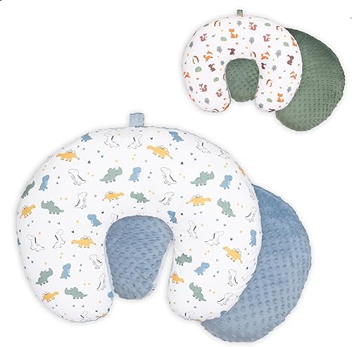 Double-Sided Baby Nursing Pillow Cover Set - 4 Pack - Soft Unisex Breastfeeding Pillow Cover for Girl & Boy with Hanging Loop - Multipurpose Washable Quick-Dry Slipcover Case with Waterproof Liner - Jamouz