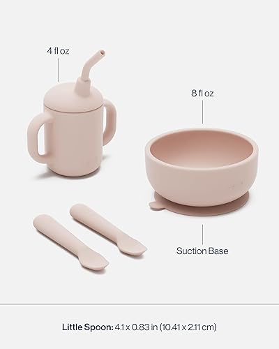 Lalo First Bites Silicone Baby Feeding Set - Baby Led Weaning Supplies - Non-Toxic Silicone - Includes 2 Bibs, 2 Spoons, Training Cup, Suction Plate and Bowl - 6 Pieces - Sage - Jamouz