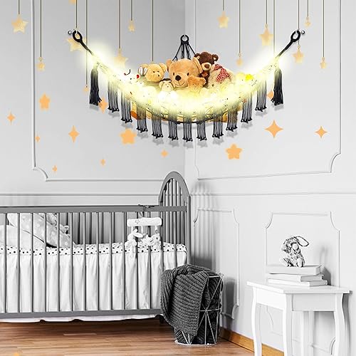 Macrame Hanging Net Hammock for Stuffed Animals with LED Light - Corner Toy Storage for Kids, White - Jamouz