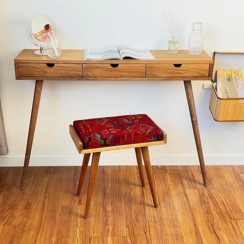 Walnut Ottoman Stool for Living Room | Upholstered in Crowbar Pattern Fabric | Versatile as a Piano Bench | Ideal Bedroom Bench | Functional Footstool Bench - Jamouz