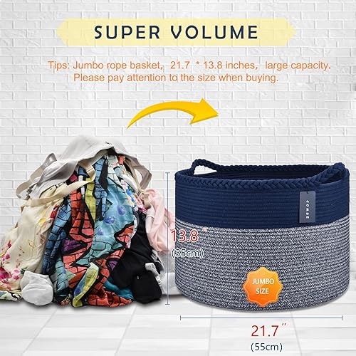 COMSE Extra Large Blanket Basket, Storage Basket, Laundry Basket, 21.7”x 13.8”, Laundry Hamper, Cotton Rope Basket, Blanket Basket Living Room, Toy Basket (White & Cadet Blue & Navy Blue) - Jamouz