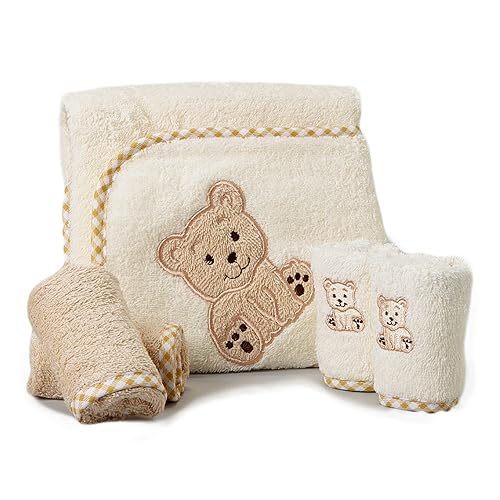 Spasilk Hooded Bath Towel with 4 Washcloths for Newborn Boys and Girls, Soft Terry Baby Towel and Washcloths, Bath Essentials, Ideal, Brown Bear - Jamouz