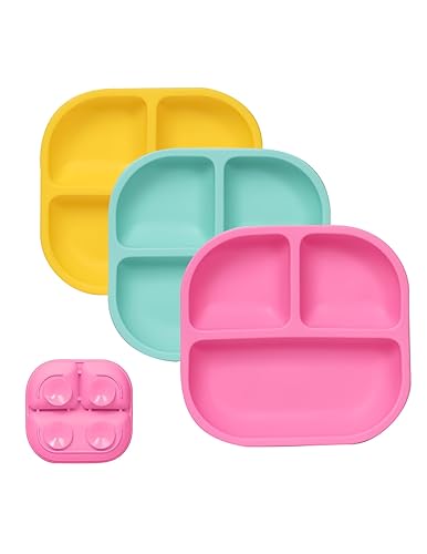BABELIO Powerful Suction Plates for Baby and Toddler, 100% Food Grand Silicone, Divided, BPA Free, Microwave & Dishwasher Safe, Stay Put, 3 Pack - Jamouz