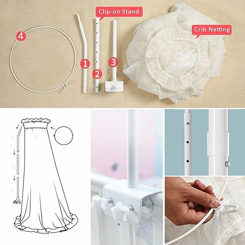 Baby Bed Canopy with Adjustable Clip-on Stand Baby Crib Cot Net Tent Hanging Dome Curtain Netting See Through Mesh Bed Cover Net Stand Rod - Jamouz