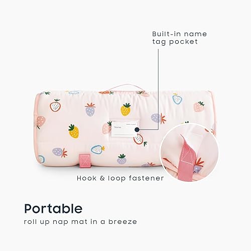 Wake In Cloud - Toddler Nap Mat with Pillow and Blanket, for Kids Girls in Kindergarten Daycare Preschool Pre K, Roll Up Sleeping Bag, Cute Kawaii Strawberry, Light Pink, Standard - Jamouz