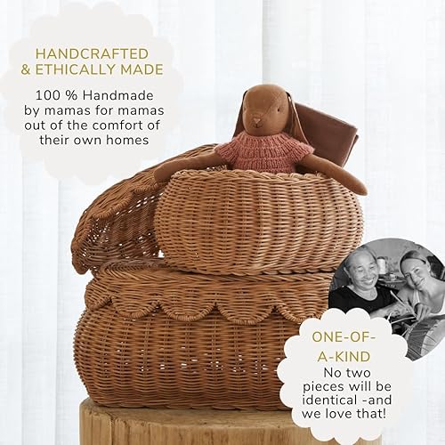 The Original Scalloped Basket Set Of 2 - Small Scallop Basket - 15 x 10 x 6 In - Hand-Woven & Award-Winning - Elegant Wicker With Scalloped Edge Lid - Nursery Storage - (Mocca) - Jamouz