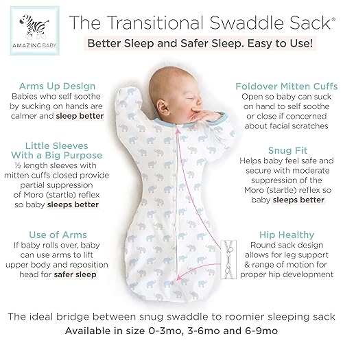 Amazing Baby Transitional Swaddle Sack with Arms Up Half-Length Sleeves and Mitten Cuffs, Medium, 3-6 Months, 14-21 lbs, On Safari (Arms Up Swaddle, Transition Swaddle Sleep Sack for Better Sleep) - Jamouz