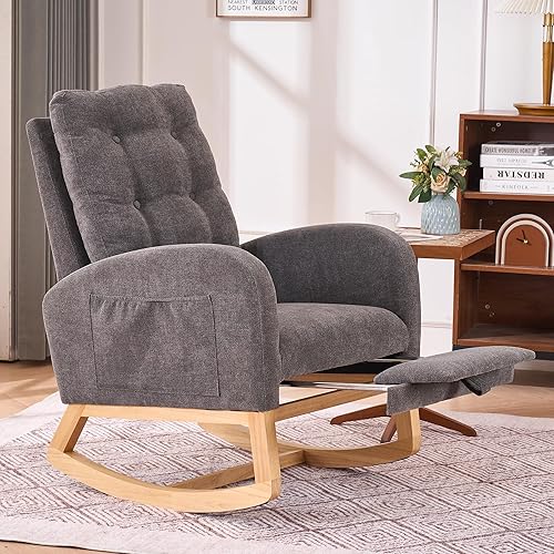Nursery Rocking Chair with Retractable Foot Rest Glider Rocker Accent Chair Padded Seat with High Backrest Armchair Comfy Side Chair for Living Room Bedroom Offices (Gray) - Jamouz