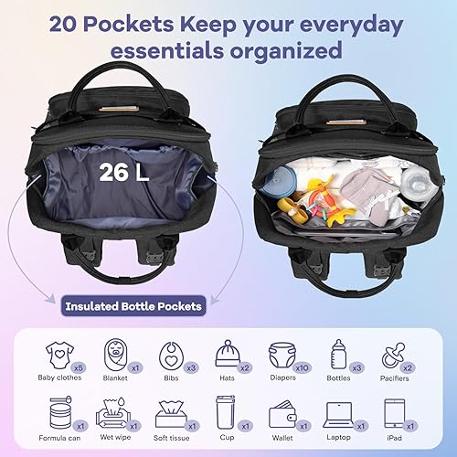 RUVALINO Diaper Bag Backpack, Multifunction Travel Pack Maternity Baby Changing Bags, Large Capacity, Waterproof, Black - Jamouz