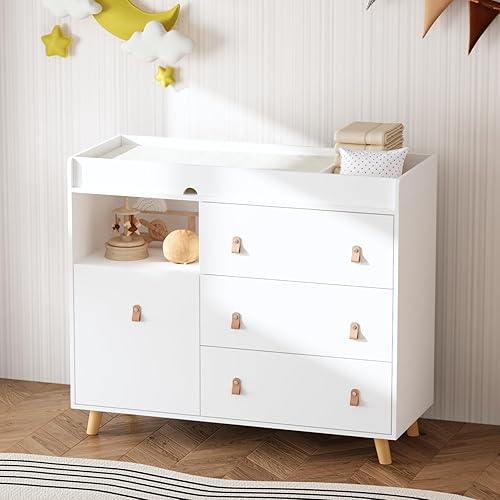 Baby Dresser with Changing Table Top, 4 Drawers Nursery Dresser with Removable Guard, Infant Diaper Changing Station Baby Cloth Organizer for Nursery and Kids Bedroom, White - 44.9' W - Jamouz