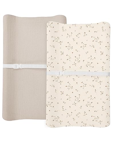 Changing Pad Cover for Baby Boy Girl 2 Pack, Muslin Changing Table Pad Covers with Boho Style, Neutral Nursery Bedding Essentials Soft and Breathable(Dusty Rose & Flower-A) - Jamouz