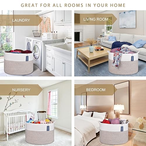 COMSE Extra Large Blanket Basket, Storage Basket, Laundry Basket, 21.7”x 13.8”, Laundry Hamper, Cotton Rope Basket, Blanket Basket Living Room, Toy Basket (White & Cadet Blue & Navy Blue) - Jamouz