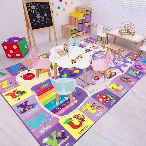 Large Playroom Rug Daycare Kids Rug 7x10,Educational and Fun Nursery Rug with ABC Alphabet Animals Classroom Rug Washable Kids Play Mat Baby Toddler Children Girls Rugs for Bedroom,Beige - Jamouz