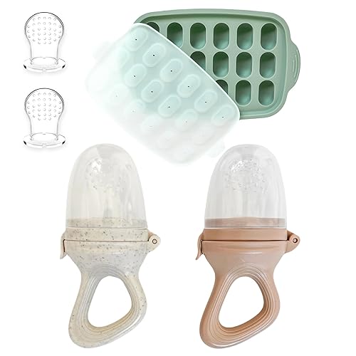 Hippypotamus Baby Food Feeder & Freezer Tray - Silicone Fruit Feeder - Pacifier Teething Toys - 2 Extra Pouches - Set of 2 - Jamouz