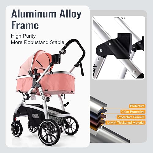 Baby Stroller, 2-in-1 Reversible Stroller with Bassinet Mode, Foldable Infant Stroller with Canopy, One Button Brake, Adjustable Handle, Newborn Stroller (Gray) - Jamouz