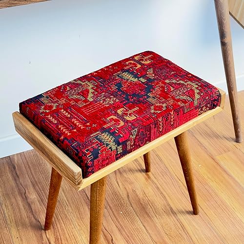 Walnut Ottoman Stool for Living Room | Upholstered in Crowbar Pattern Fabric | Versatile as a Piano Bench | Ideal Bedroom Bench | Functional Footstool Bench - Jamouz
