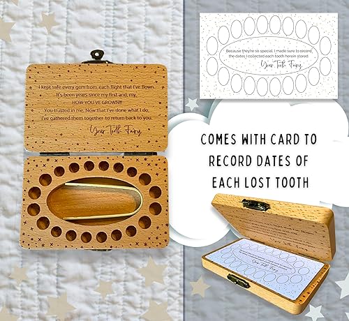 Tooth Fairy Keepsake Box for Girls & Boys, Tooth Fairy Box for 20 Baby Teeth, Wooden Tooth Storage & Saver Box for Lost Teeth, Tooth Fairy Gifts for Birthday (Natural Beech) - Jamouz