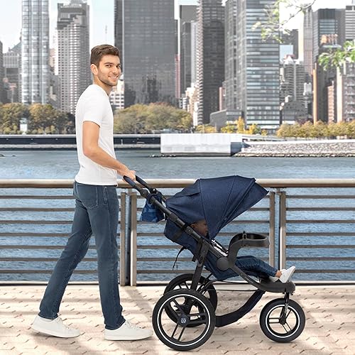 babyGap Trek Jogging Stroller - Lightweight Jogging Stoller with Extendable Canopy & Reclining Seat - Includes Car Seat Adapter - Made with Sustainable Materials, Navy Camo - Jamouz