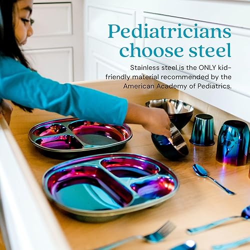 Ahimsa Stainless Steel Kids Dinnerware Set - 5 Piece Stainless Steel Toddler Plates and Bowls Set, Pediatrician Designed, Non Toxic Toddler Plate and Bowl, Kids Utensils and Cup (Rainbow) - Jamouz
