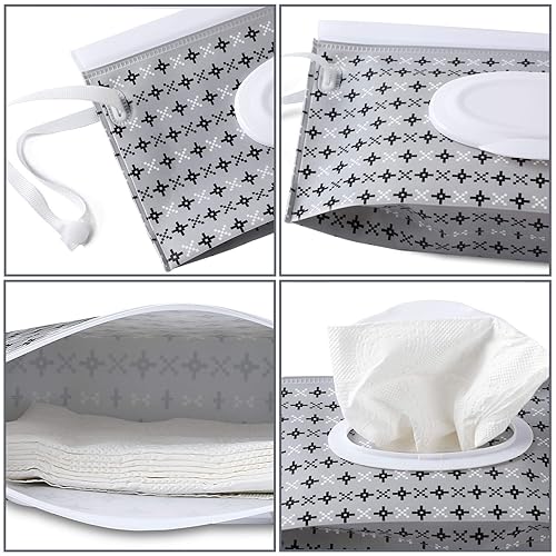 FEBSNOW 4 Pack Baby Wipe Dispenser, Portable Refillable Wipe Holder, Baby Wipes Container, Wipe Dispenser, Reusable Travel Wet Wipe Pouch (Geometric) - Jamouz
