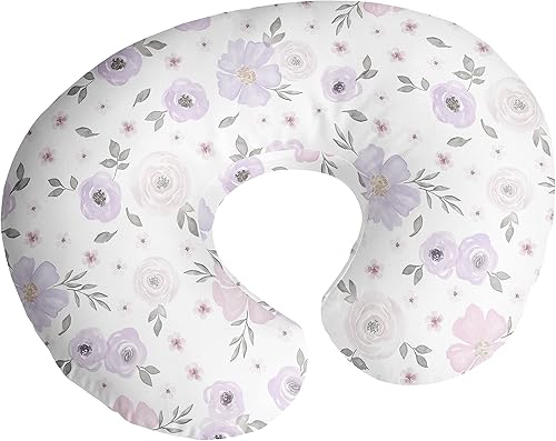 Sweet Jojo Designs Watercolor Floral Nursing Pillow Cover Breastfeeding Pillowcase for Newborn Infant Bottle Breast Feeding Pillow NOT Included Lavender Purple Pink Grey Boho Shabby Chic Rose Flower - Jamouz