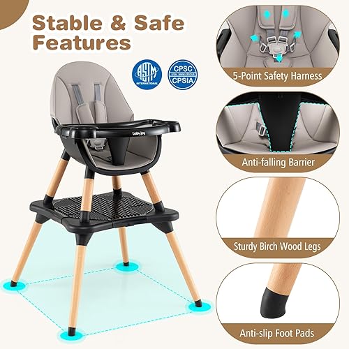 BABY JOY 5 in 1 High Chair, Convertible High Chairs for Babies and Toddlers/Booster Seat/Table and Chair Set, Infant Wooden Highchair w/ 5-Point Harness, 4-Position Removable Tray & PU Cushion, Coffee - Jamouz