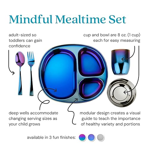 Ahimsa Stainless Steel Kids Dinnerware Set - 5 Piece Stainless Steel Toddler Plates and Bowls Set, Pediatrician Designed, Non Toxic Toddler Plate and Bowl, Kids Utensils and Cup (Rainbow) - Jamouz