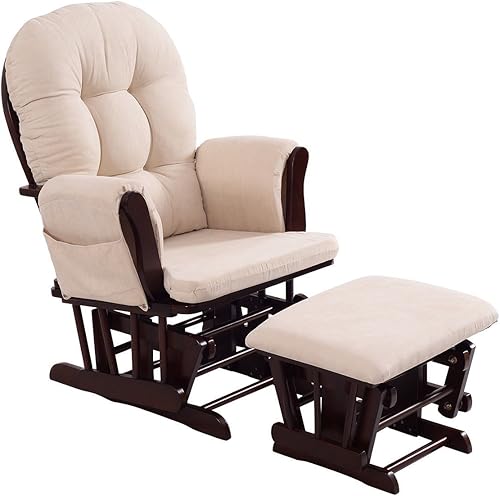 Rocking Chair Wood Heavy Duty Rocking Chair with Ottoman Cushion Set Baby Nursery Rocking Chair Glider with Adjustable Backrest for Living Room (Beige) - Jamouz