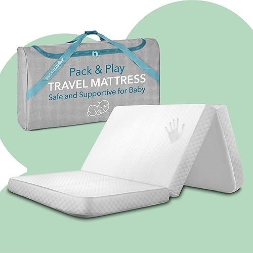Foldable Travel Pack n Play Mattress Pad with Bag, Waterproof Portable Mini Crib Mattresses, Baby Bed Playpen Memory Foam Topper, Playard Pen Accessories, Traveling Case Included - Jamouz