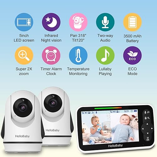 HelloBaby Video Baby Monitor with 2 Cameras and 5 Inch Split Screen Display, Remote Control Cameras with Night Vision and Temprature Monitoring - Jamouz