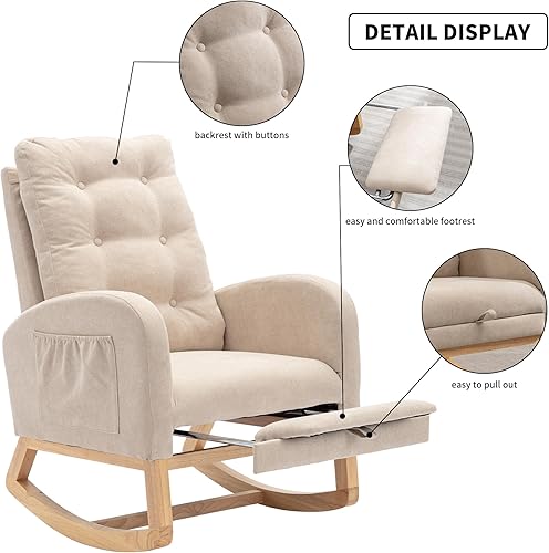 Nursery Rocking Chair with Retractable Foot Rest Glider Rocker Accent Chair Padded Seat with High Backrest Armchair Comfy Side Chair for Living Room Bedroom Offices (Gray) - Jamouz