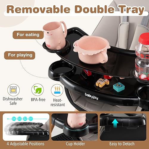 BABY JOY 5 in 1 High Chair, Convertible High Chairs for Babies and Toddlers/Booster Seat/Table and Chair Set, Infant Wooden Highchair w/ 5-Point Harness, 4-Position Removable Tray & PU Cushion, Coffee - Jamouz