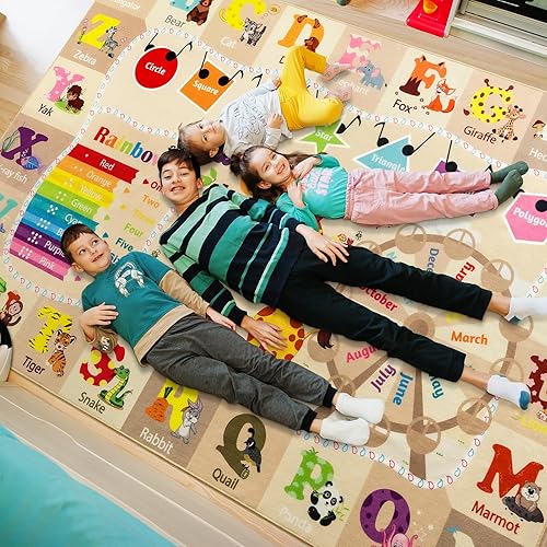 Large Playroom Rug Daycare Kids Rug 7x10,Educational and Fun Nursery Rug with ABC Alphabet Animals Classroom Rug Washable Kids Play Mat Baby Toddler Children Girls Rugs for Bedroom,Beige - Jamouz