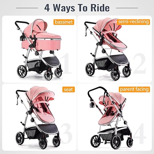 Baby Stroller, 2-in-1 Reversible Stroller with Bassinet Mode, Foldable Infant Stroller with Canopy, One Button Brake, Adjustable Handle, Newborn Stroller (Gray) - Jamouz