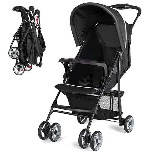 Baby Joy Lightweight Stroller, Compact Toddler Travel Stroller for Airplane, Infant Stroller w/Adjustable Backrest/Footrest/Canopy, 5-Point Harness, Storage Basket, Easy One-Hand Fold, Black - Jamouz