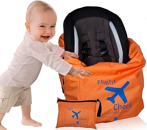 Car Seat Travel Bag and Carrier for Gate Check with Travel Pouch - Bright Orange with Blue Letters for Airport, Airplane Gate Check, Car Trips and Storage Double Backpack Straps | Carseat Bag for sto - Jamouz