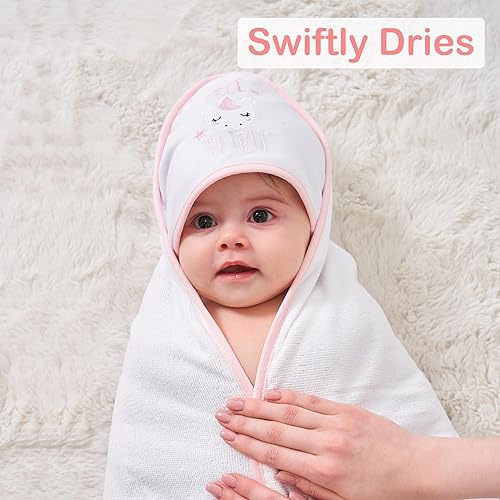 Viviland Baby Towels and Washcloths, Soft Absorbent Pink Baby Bath Towel Set, Elephant Hooded Towels with 5 Infant Face Washcloths (6 Pieces) - Jamouz