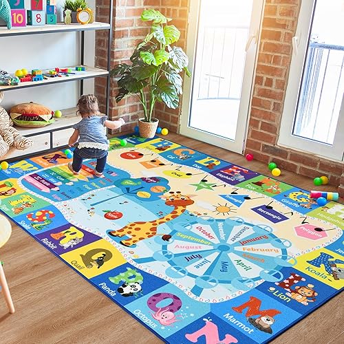 Large Playroom Rug Daycare Kids Rug 7x10,Educational and Fun Nursery Rug with ABC Alphabet Animals Classroom Rug Washable Kids Play Mat Baby Toddler Children Girls Rugs for Bedroom,Beige - Jamouz