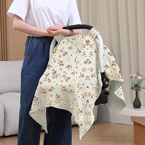 100% Muslin Cotton Car Seat Cover Baby, Carseat Canopy Cover, Universal Fit Stroller Covers for Boys and Girls (Roman Green) - Jamouz