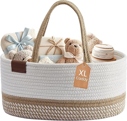 DECOMOMO Diaper Caddy Organizer, Nappy Caddy, Woven Baby Basket (Spiral Beige & White, Large) - Jamouz