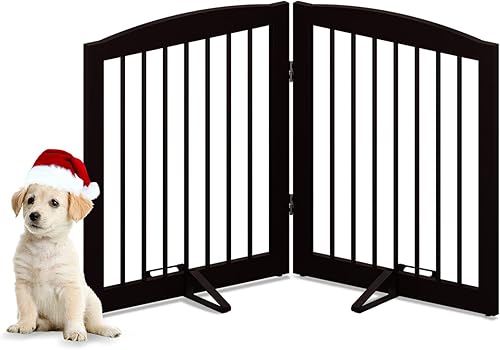 Freestanding Pet Gate for Dogs, Foldable Wooden Dog Gate for House, Indoor Pet Barrier for Stairs, Doorways, Support Feet Included, 24' Height 2 Panels, Brown - Jamouz