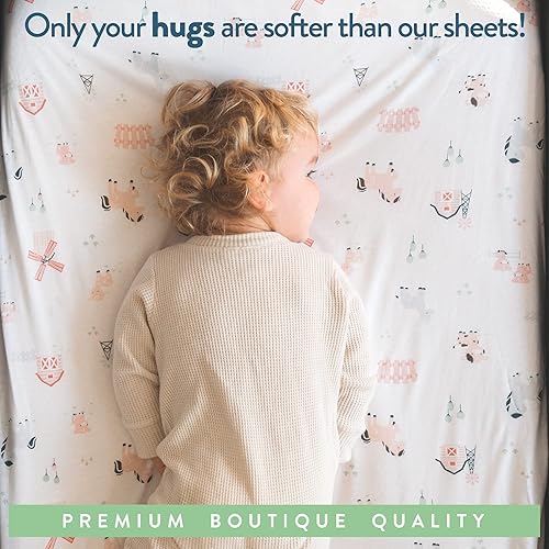 Pack and Play Sheets Fitted – Compatible with Graco Pack n Play Playard Crib and Other 27 x 39 Inch Playpen Mattress – Snuggly Soft 100% Jersey Cotton – Farm Animals – 2 Pack - Jamouz