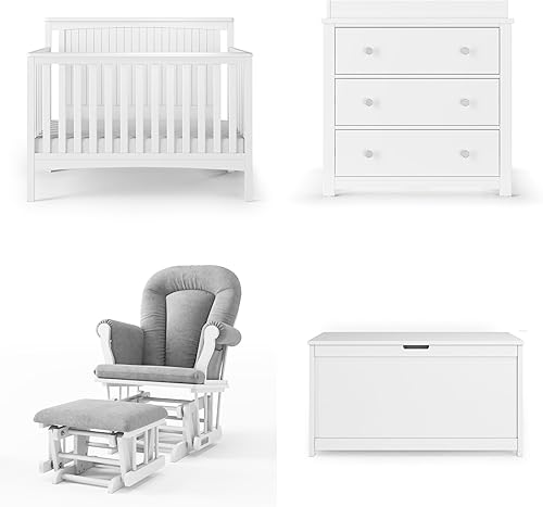Child Craft Scout 4-Piece Nursery Set, Includes 4-in-1 Convertible Crib, Dresser with Changing Table Topper, Cozy Glider, and Toy Box (Matte White) - Jamouz