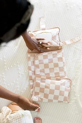 Tiny Twinkle Portable Diaper Changing Pad, Foldable Waterproof Baby Change Pad for Newborn Girl & Boy with Smart Wipes Pocket (Beige Checkers) - Jamouz