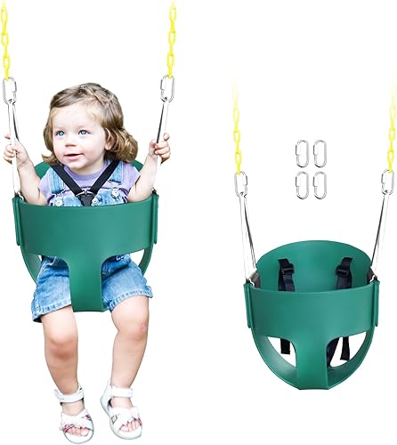 High Back Full Bucket Toddler Swing Seat with 3- Point Adjustable Safety Harness, 66 inch Detachable Chain,Suitable for Babies Aged 6-24 Months，Baby Swing for Swingset (Green) - Jamouz